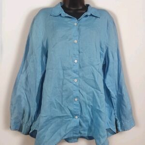 J Jill Love Linen Button Up Blouse Size L Sky Blue Relaxed Fit Long Sleeve Beach